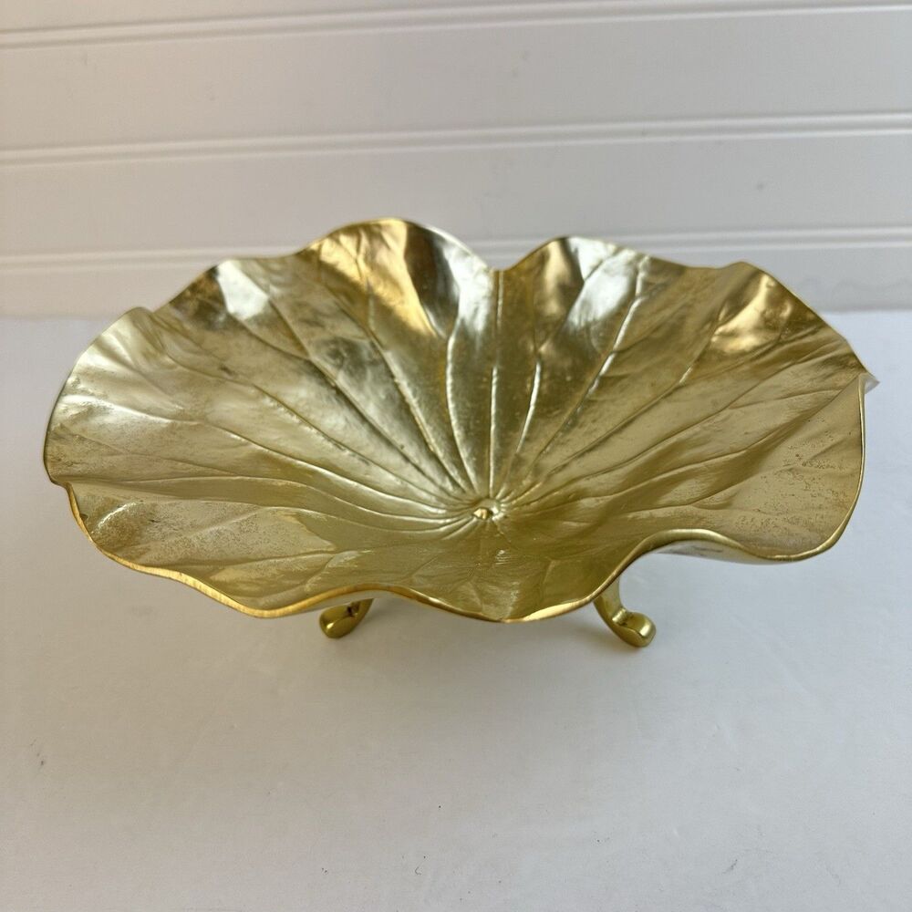 Vintage Virginia Metalcrafters Gold Anodized Aluminum Small Lotus Bowl & Stand